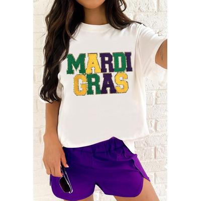Weißes Chenille MARDI GRAS Patch Grafik T-Shirt Image