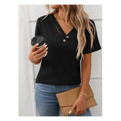 Damen Ripp- V-Ausschnitt Kurzarm-T-Shirt Image