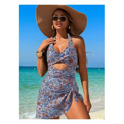 Damen Cut-Out Bedruckter Halter Neck Einteiler Badeanzug Image