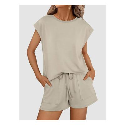 Damen Rundhals Oberteil mit Kapuzensleeves und Shorts Set Image