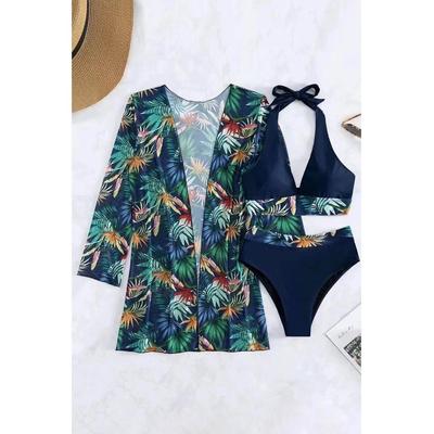 Azura Exchange Schwarz 3-teiliges Tropisches Kontrastbesatz Halter-Bikini-Set mit Überwurf Image