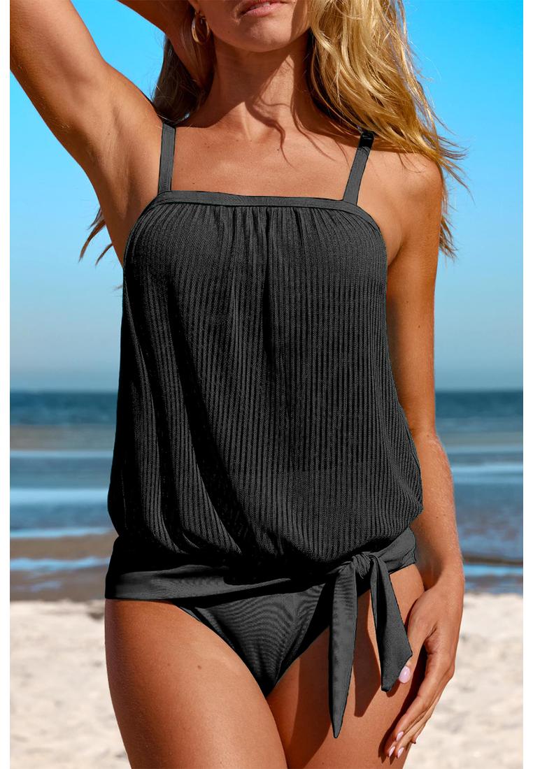 Azura Exchange Schwarzer gestreifter Mesh Tankini mit geknotetem Saum Image