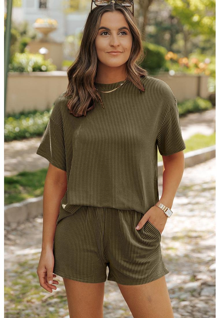 Damen Rundhals Top mit heruntergesetzten Schultern und Shorts Set Image