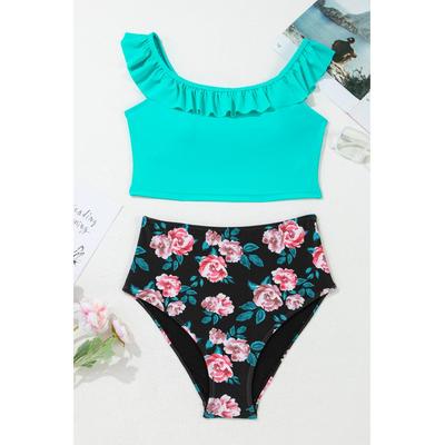 Sea Green Solid Ruffled Square Neck Schwimmbustier und Blumen-Shorts Bikini-Set Image