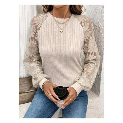 Damen Rundhals-Spitzen-Patchwork Langarmshirt Image