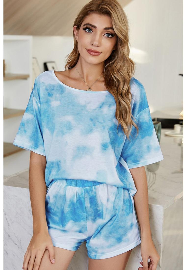Damen Glänzendes Batik Bootsausschnitt Top und Shorts Lounge Set Image