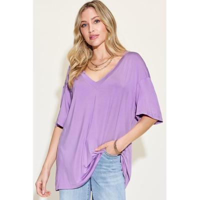 Damen Basic Bae T-Shirt in voller Größe mit V-Ausschnitt und überschnittenen Schultern aus Bambus Image
