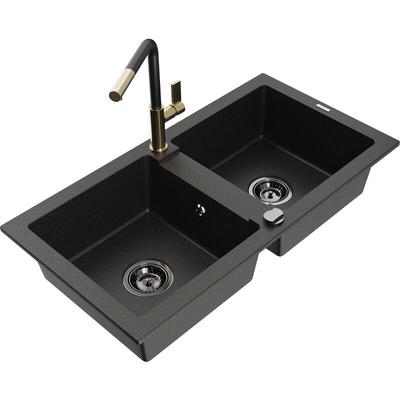 Mario 2-Becken-Granitspüle mit Mischbatterie Flora, Schwarz/Gold metallisch - 6504-75-670401-5 Image