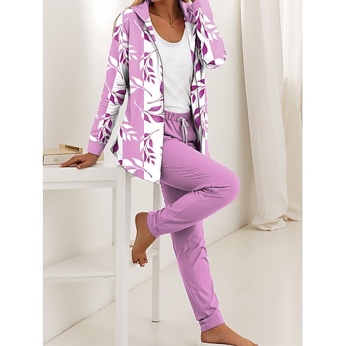 Completi da donna 2 pezzi con felpa e pantaloni set a maniche lunghe cappuccio quotidiano stampa grafica floreale con foglie cerniera casual blu viola verde autunno vestibilità regolare