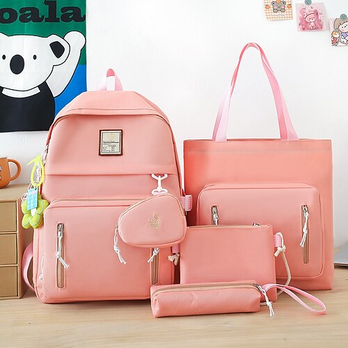 Set di zaini 5 in 1 in tinta unita per ragazze: elegante borsa scolastica blu con borsa tote, tracolla, astuccio e pochette per studenti adolescenti e per l'uso nel campus