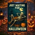 Striscione con bandiera da giardino di Halloween – scena di sedia scheletrica just waiting for Halloween, bandiera da giardino bifacciale resistente alle intemperie per prato esterno per le festività di Halloween 2025, decorazione per portico