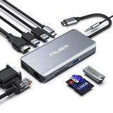 USB C Hub Type C Adapter FALWEDI 10-in-1 Dongle with Ethernet 4K@30Hz HDMI VGA 3 USB3.0 SD/TF Card Reader Mic/Audio USB-C PD 3.0 Compatible for MacBook Air Pro and Other Type C Laptops C80