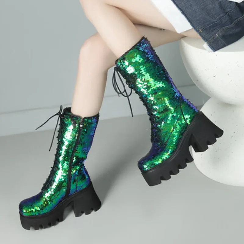 NASBAVI Pailletten-Stoff, glitzernd, grün, Fischschuppenmuster, Schnürung, Punk, Goth, Damen-Winterschuhe, klobige Absätze, mittelhohe Stiefel, Größe 43