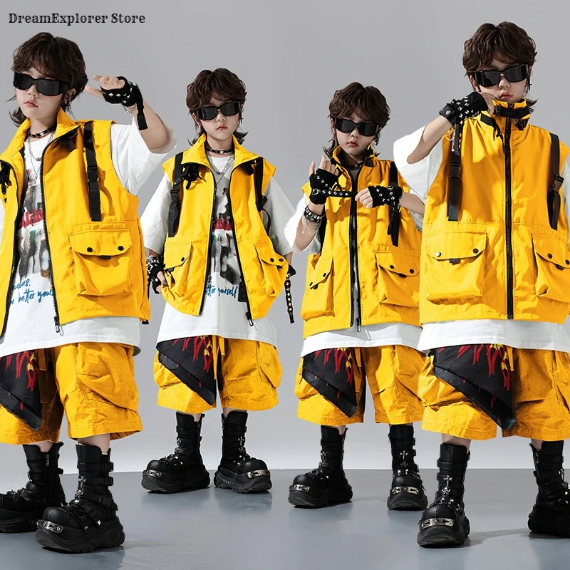 Jungen Hip Hop T-shirt Feste Weste Cargo-Shorts Mädchen Street Dance Jazz Kostüme Kinder Teenager Kleidung Sets Kinder K-pop Streetwear