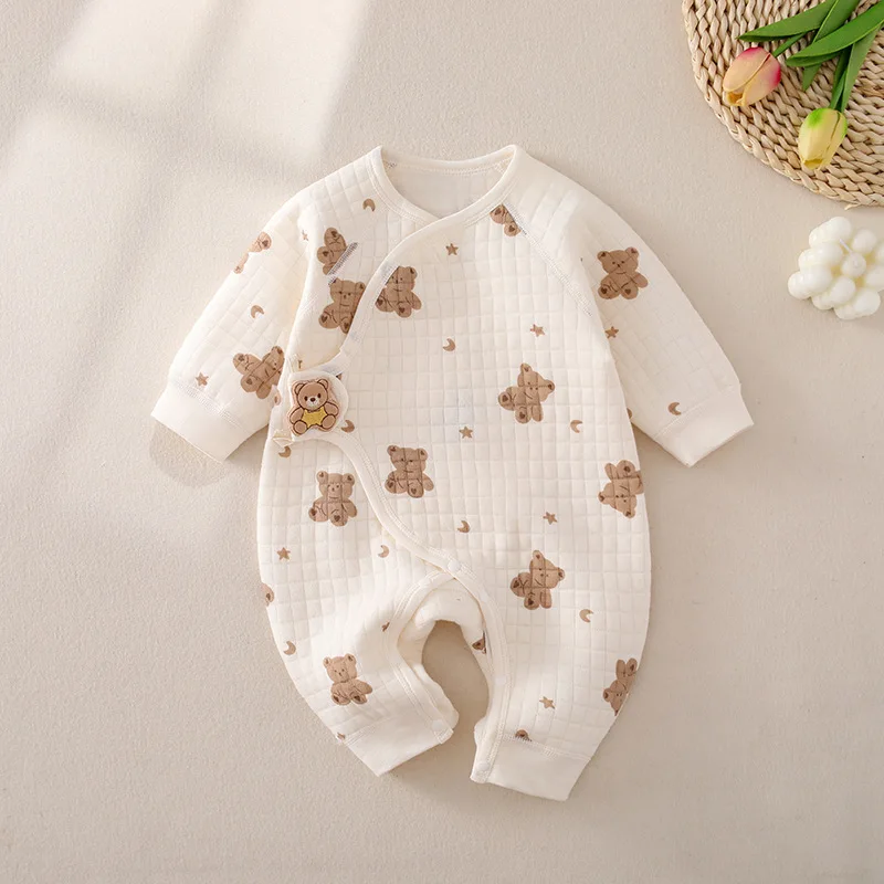 Somenie Baby Frühling Herbst Warmer Onesie Jungen Mädchen Niedlicher bestickter Bärenetikett Langarm Overall Geschenke für Neugeborene Dusche Image