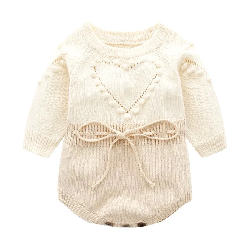 0-2Y Stricken Neugeborenen Strampler Baby Mädchen Frühling Herbst Kleidung Nette Gestickte Liebe Ball Pullover Overall Casual Neugeborenen Outfits Image