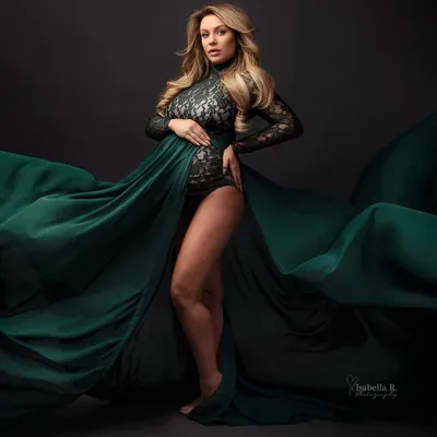Maternity Photography Props Dresses Stretchy Lace Long Sleeve Bodysuit Removable Chiffon Slit Skirt Pregnancy Gowns Photo Shoot