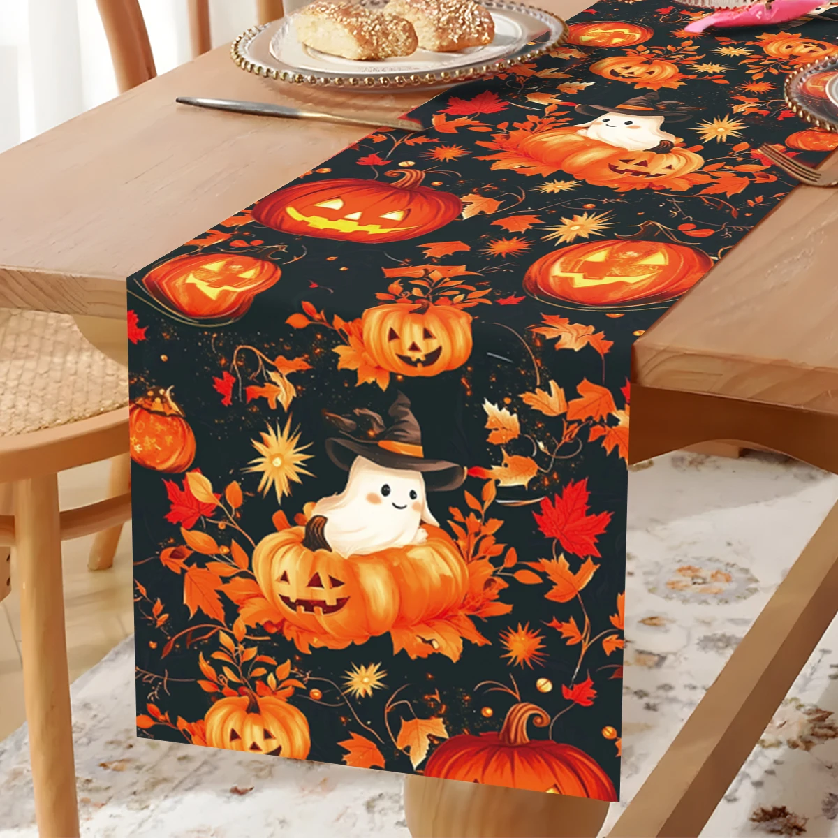 Halloween-Geister-Kürbis-Tischläufer für Kinder, Halloween-Thanksgiving-Party, Geschenk, Tischläufer, Süßes oder Saures, Partyzubehör Image