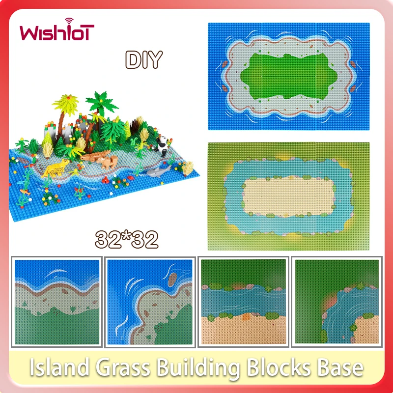 Insel Gras Serie Bausteine Basis Board 32*32 Kleine Partikel Unten Strand Meer Fluss Welle Ziegel DIY Kind Spielzeug ле technik Image