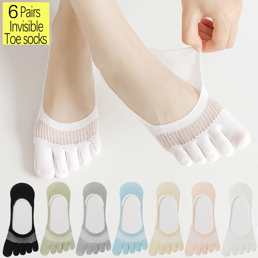 6 PAARE Sommer Neue Damen Zehensocken Kühlende Mintfaser Rutschfeste Bootssocken Atmungsaktives Mesh Anti-Geruch Unsichtbare Söckchen Image