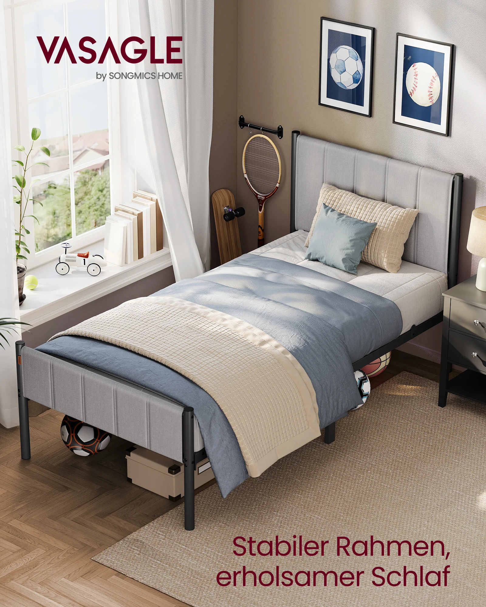 VASAGLE Bettgestell, mit gepolstertem Kopfteil, Bettrahmen, Stahl, einfache Montage Image