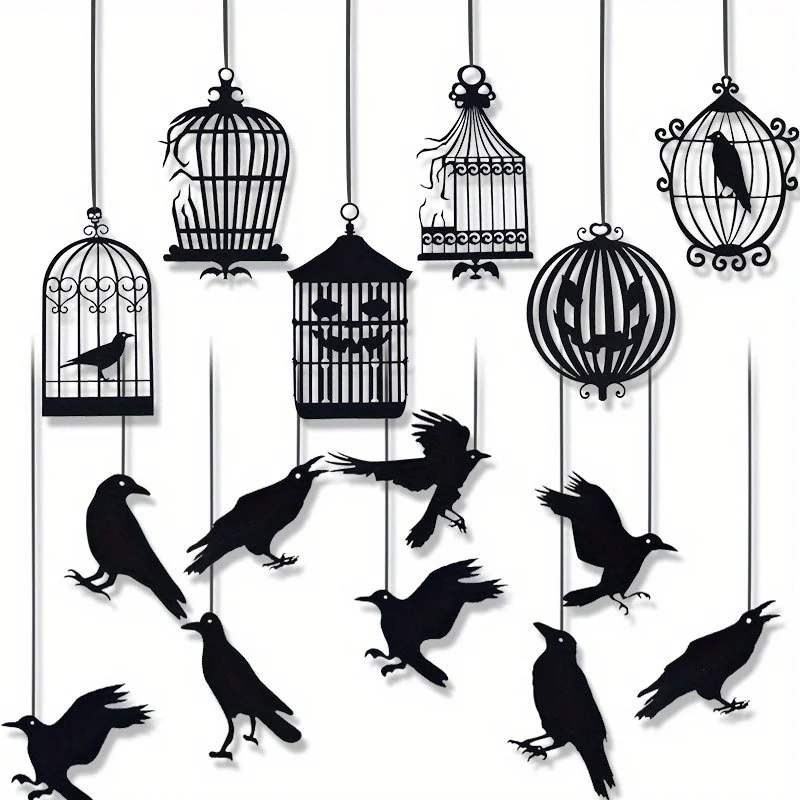 Schwarze Krähe und Käfig Dekoration Girlande Halloween Indoor Hängende Rabe Dekor Schwarze Krähe Gothic Haunted Mansion Dekor Girlanden Image