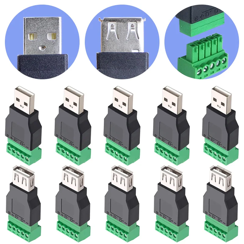 USB 2.0-Stecker mit 5-poligem Schraubanschluss, lötfreie USB-Stecker und Buchse für Computer, TV, Telefon, Tastatur, Maus Image