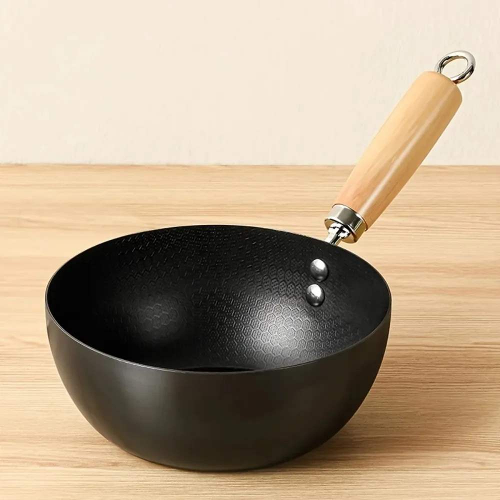 Klassische antihaftbeschichtete Eisenpfanne, Mini-Wok-Bratpfanne, antihaftbeschichtete Eisenpfanne, tragbarer Camping-Wok, Küche, Holzgriff, 20/22/28 cm Image