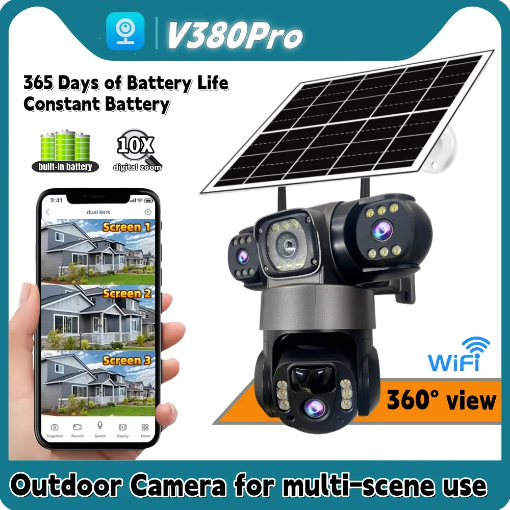V380Pro Solar Kamera WiFi IP Video Monitor 15MP Triple Objektiv Zoom Auto Tracking Körper Erkennung Outdoor Sicherheit Video CCTV Kamera