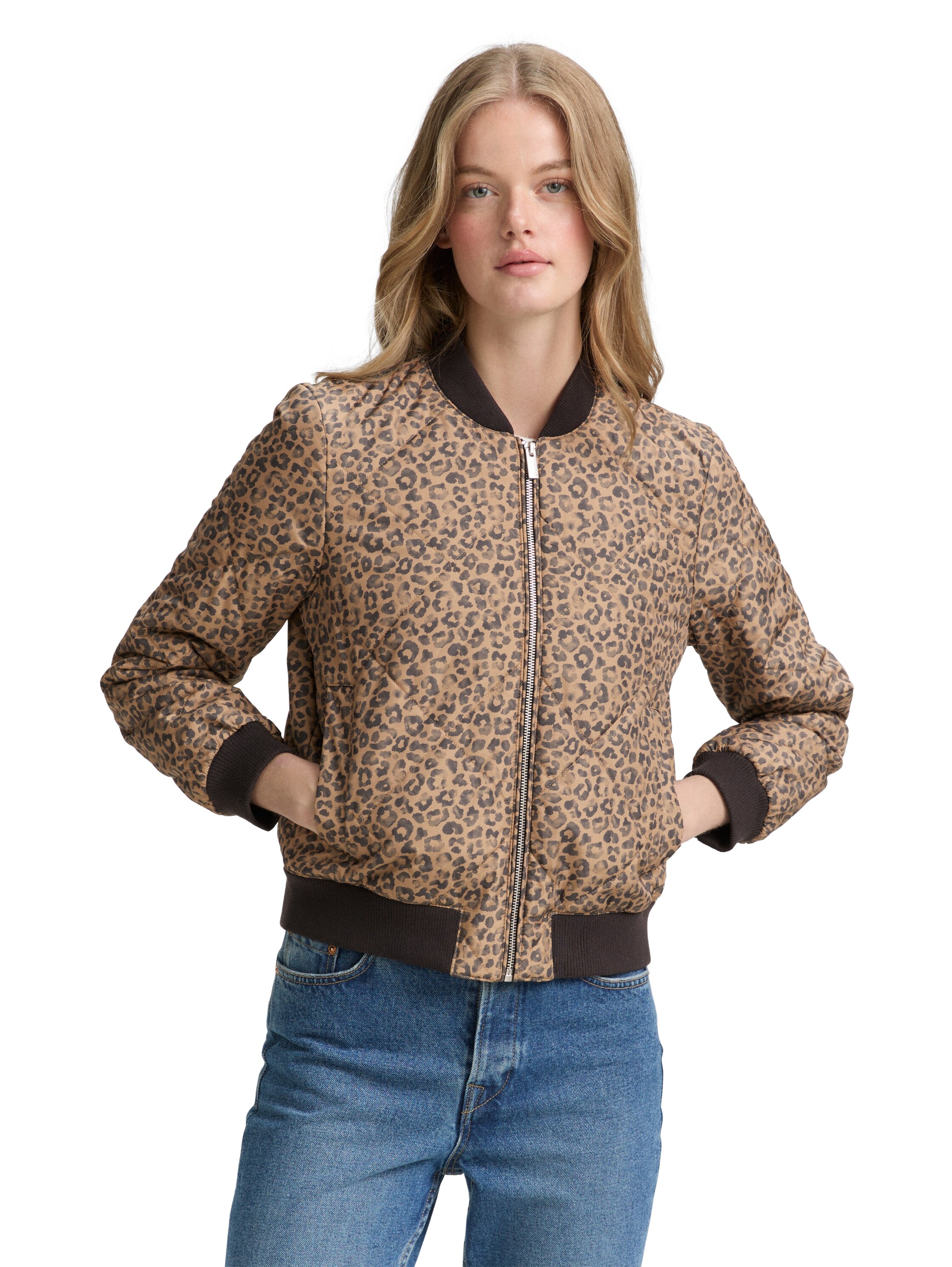 Bomberjacke TOM TAILOR DENIM, Damen, Gr. M (38), tonal leo print, Obermaterial: 100% Polyester. Futter: 100% Polyester, animal-print, regular fit taillenbedeckt, Rippbündchen, Jacken Bomberjacke, mit Strukurmuster