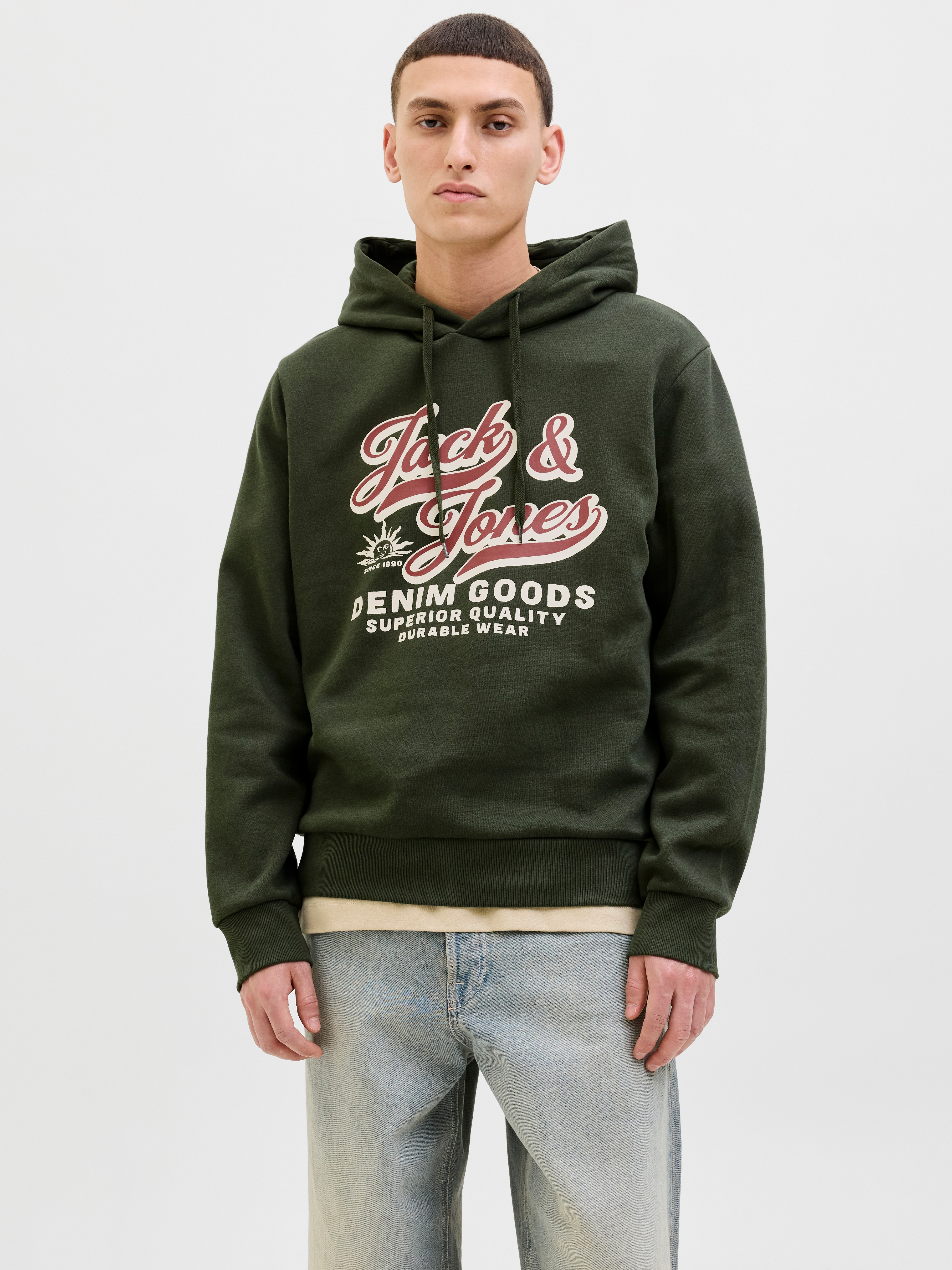 Kapuzensweatshirt JACK & JONES "JJELOGO SWEAT HOOD 2 COL 25/26 NOOS", Herren, Gr. XL, bunt (duffel bag), angeraute Sweatware, Obermaterial: 70% Baumwolle, 30% Polyester, bedruckt, regular fit normal, Rundhals, Rippbündchen, Sweatshirts, mit...
