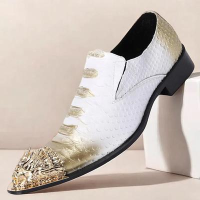 Men's White and Gold Genuine Cowhide Loafers with Studded Metal Toe Modern Punk Style Dress Shoes for Nightlife Parties Stage Performances