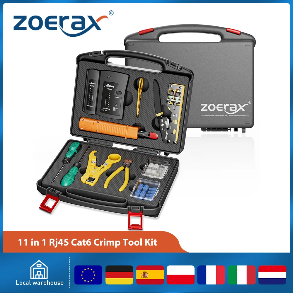 ZoeRax RJ45 CAT6 CAT5E kit d'outils de sertissage Kit d'outils réseau RJ45 passage à travers l'outil de sertissage testeur de câble outil de poinçonnage dénudeur