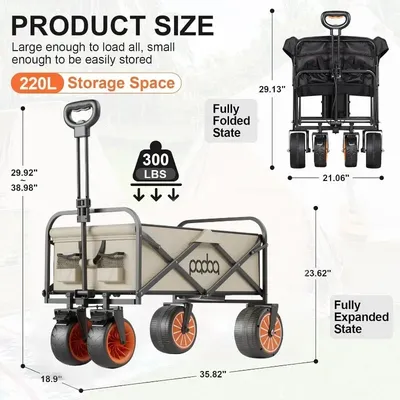 8.5" All-Terrain Beach Wheels & Drink Authentic.Electric Assistance Collapsible Folding Garden Wagon, 300LBS Grocery Cart