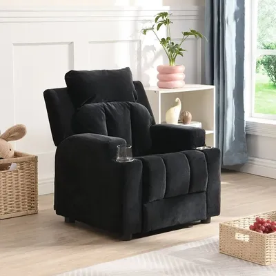 Recliner Chair; Upholstered Couch with Two Cup Holder; Footrest; Backrest; Toddlers Velvet Recliner with rest and Footrest
