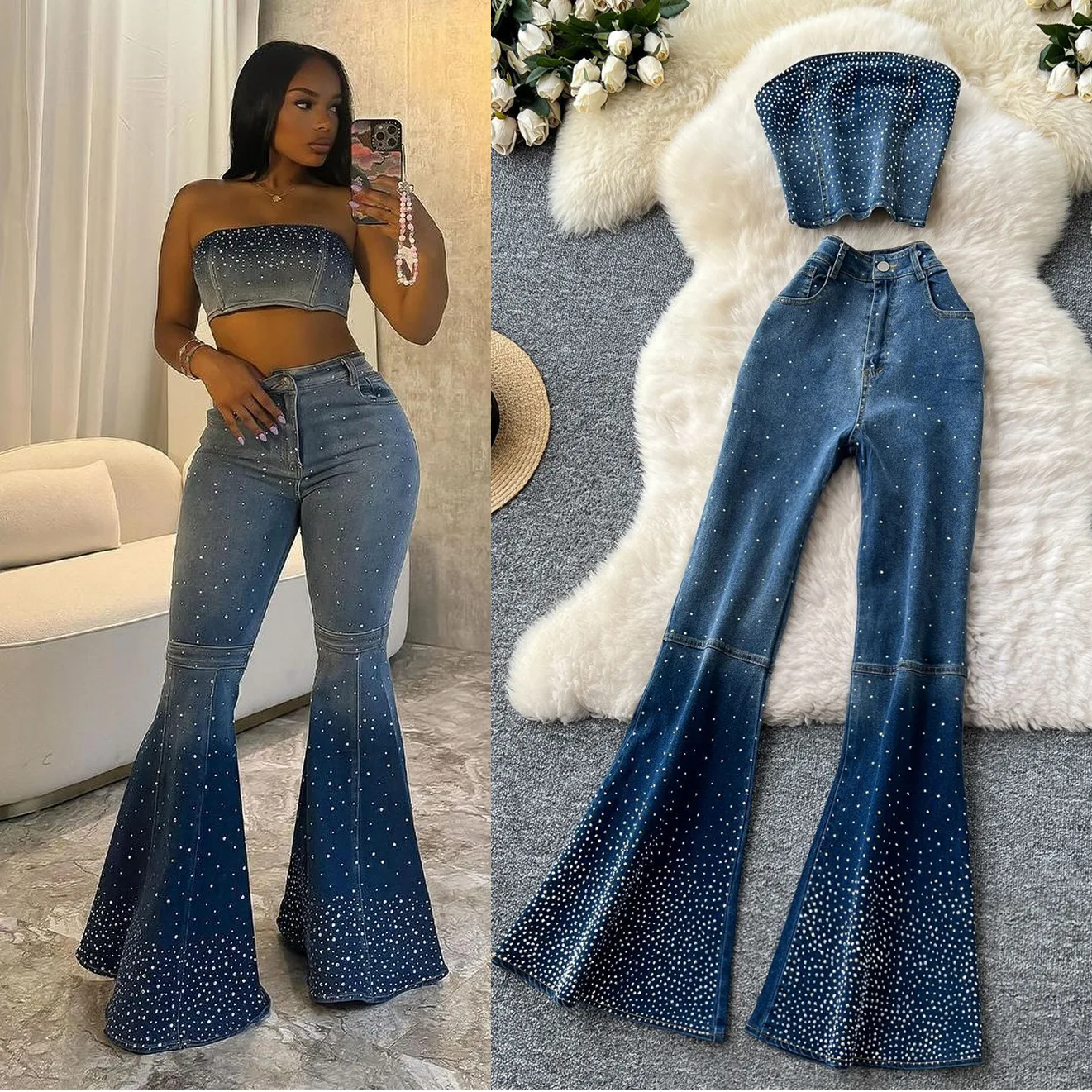 Set di pantaloni in denim Set da due pezzi da donna Set coordinati sexy Top corti senza maniche Pantaloni lunghi a zampa d'elefante Vita alta Slim Hot Diamond