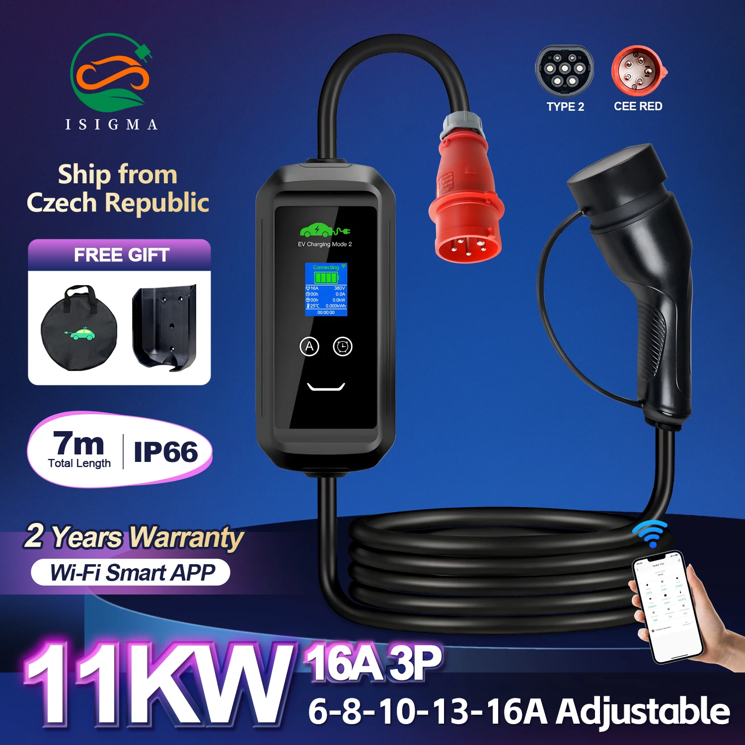 Isigma Mobile EV-Ladegerät 16 A 11 kW Typ 2 Tuya APP Wifi Connect Home Charging PHEV Hybrid-Auto-Ladegerät für Elektrofahrzeuge, insgesamt 7 m Image