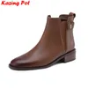 Krazing Pot Plus Größe 34-43 Rindsleder Runde Zehen Med Heels Chelsea Stiefel Warme Winterschuhe Retro Ins Stretch Moderne Stiefeletten