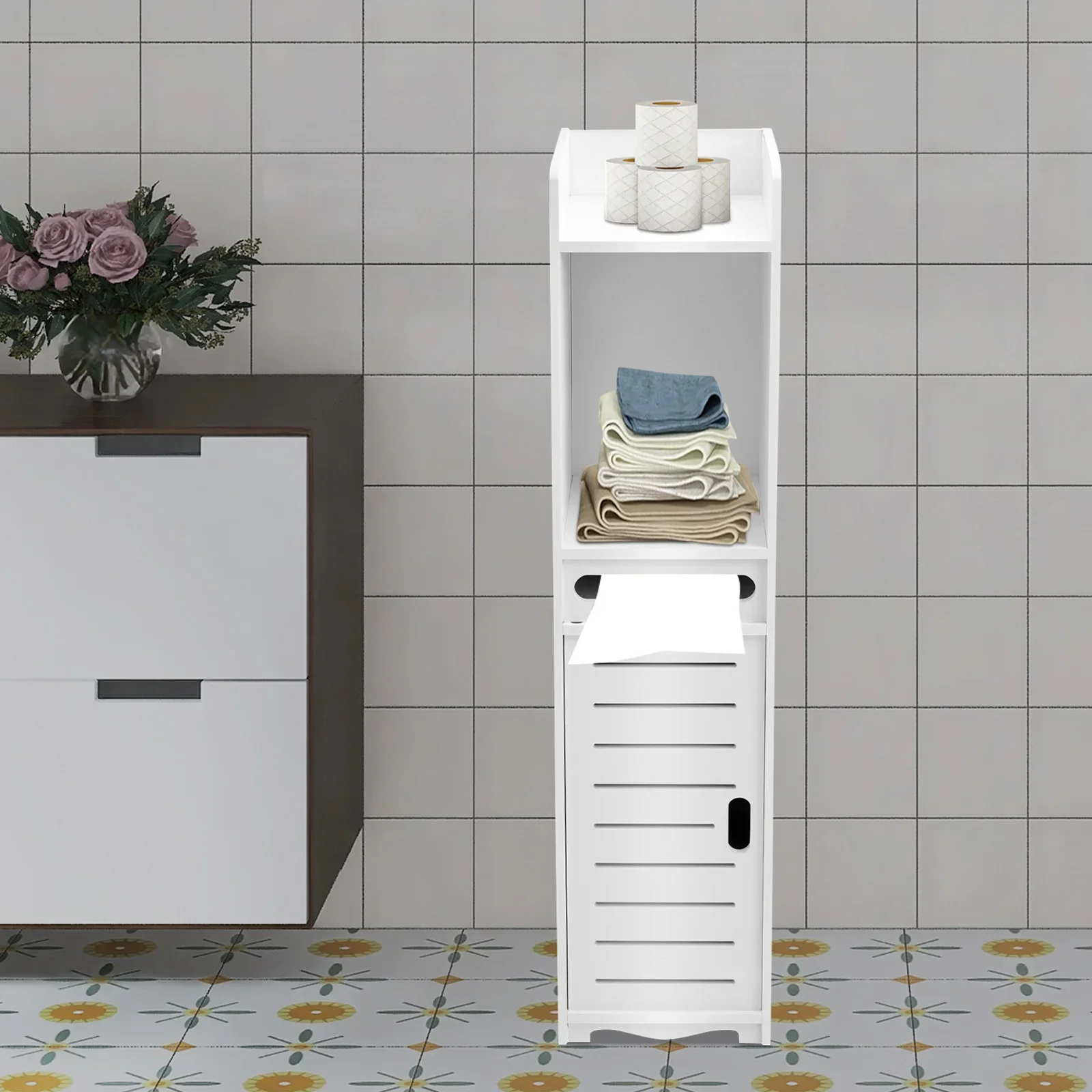 Moderner Badezimmer-Aufbewahrungsschrank, Holz-Kunststoff-Platte, freistehende Toilette, hohes schmales Regal, Weiß, 20 x 20 x 80 cm