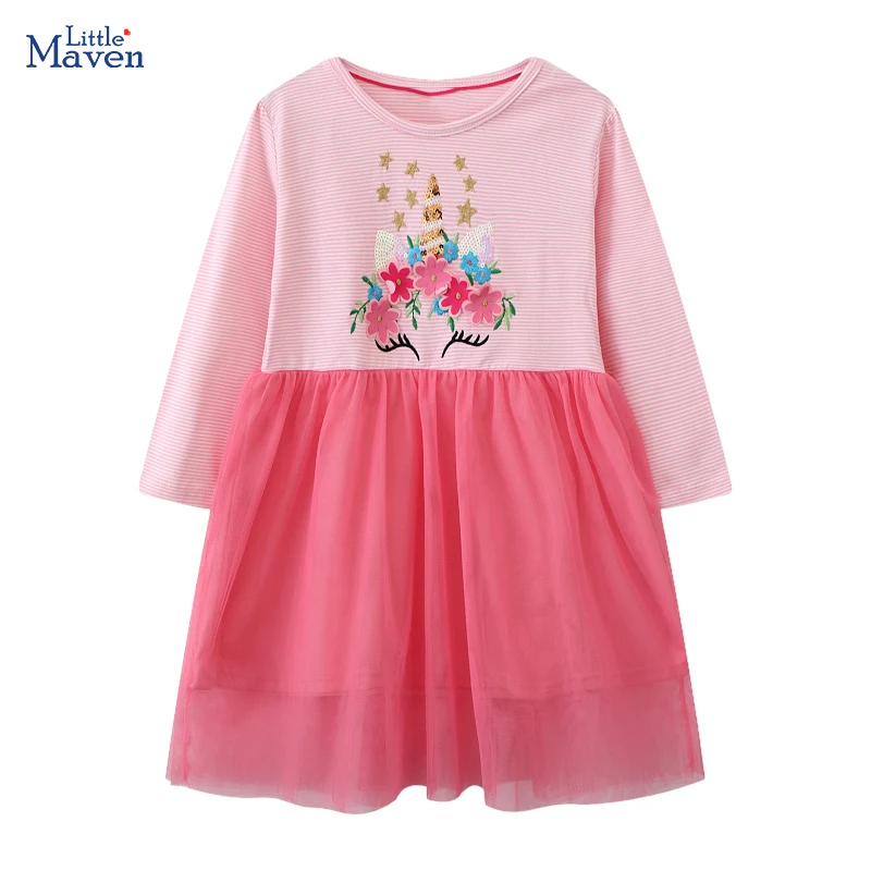 Little Maven 2025 Herbst Mädchen Langarm Kleider Kinder Freizeitkleidung Cartoon Blumen Einhorn Mesh Prinzessin Kleid Frühling Image