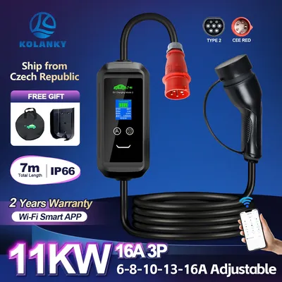 Kolanky Tragbares EV-Ladegerät 16 A 11 kW Typ 2 IEC 62169 Tuya Wifi Connect Zeitverzögerung Heimladung Elektrofahrzeug Hybride Autos 7 m Image