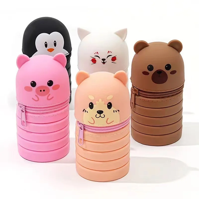 Cartoon Tier Faltbare Silikon Bleistift Fall Tier Form Schreibtisch Organizer Schreibwaren Lagerung Tasche Falten Stift Beutel Bleistift Halter Image