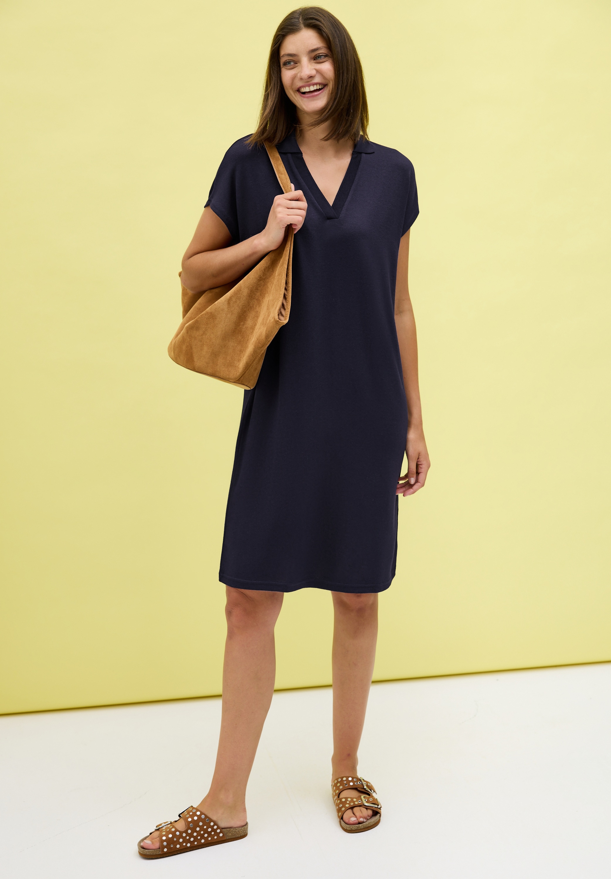 Strickkleid CECIL, Damen, Gr. S (38), N-Gr, urban dunkelblau, Web, Obermaterial: 78% Viskose, 17% Polyester, 5% Elasthan, unifarben, lässig geschnitten kniefrei, V-Ausschnitt, Kleider, mit Hemdkragen Image