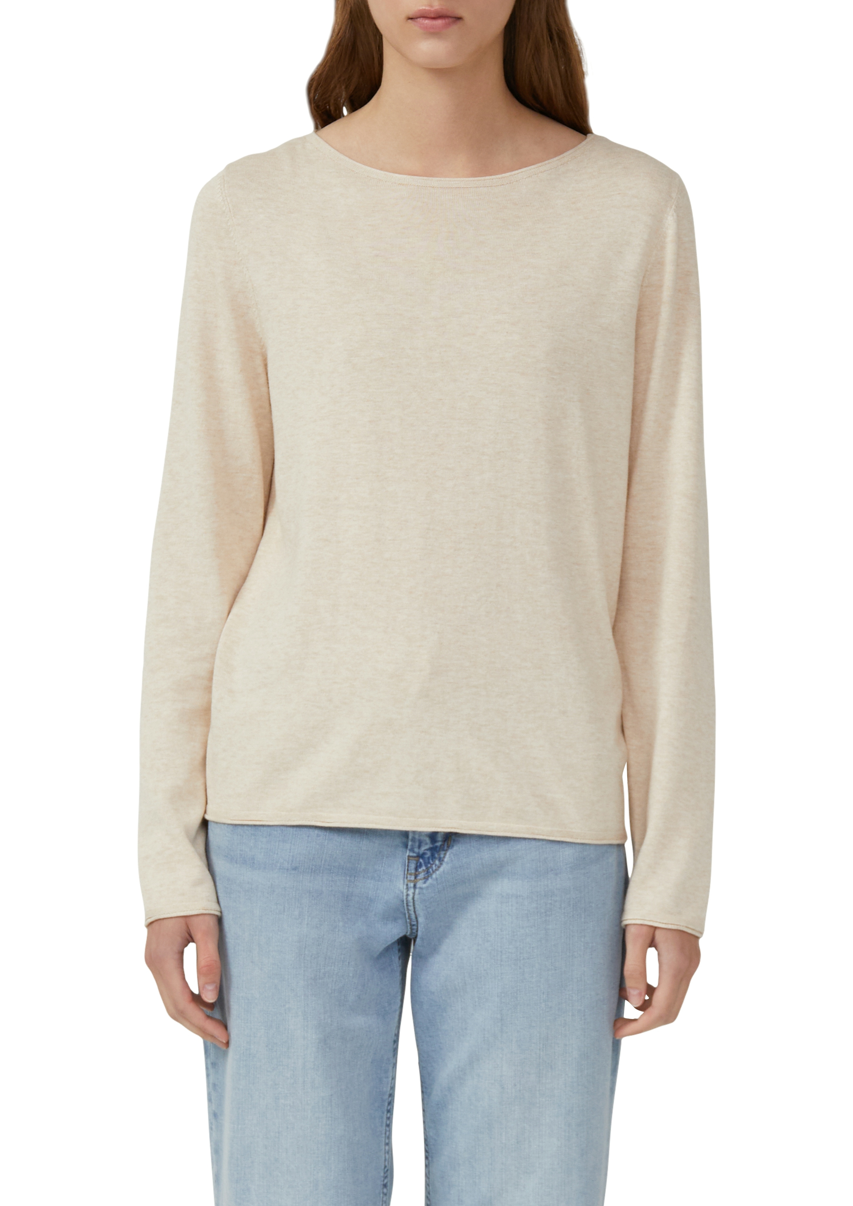 Langarmshirt S.OLIVER, Damen, Gr. 46, beige (ecru), Strick, Obermaterial: 50% Baumwolle, 50% Viskose, unifarben, regular fit taillenbedeckt, Rundhals, gerader Abschluss, Shirts Langarmshirt, mit Rollkanten