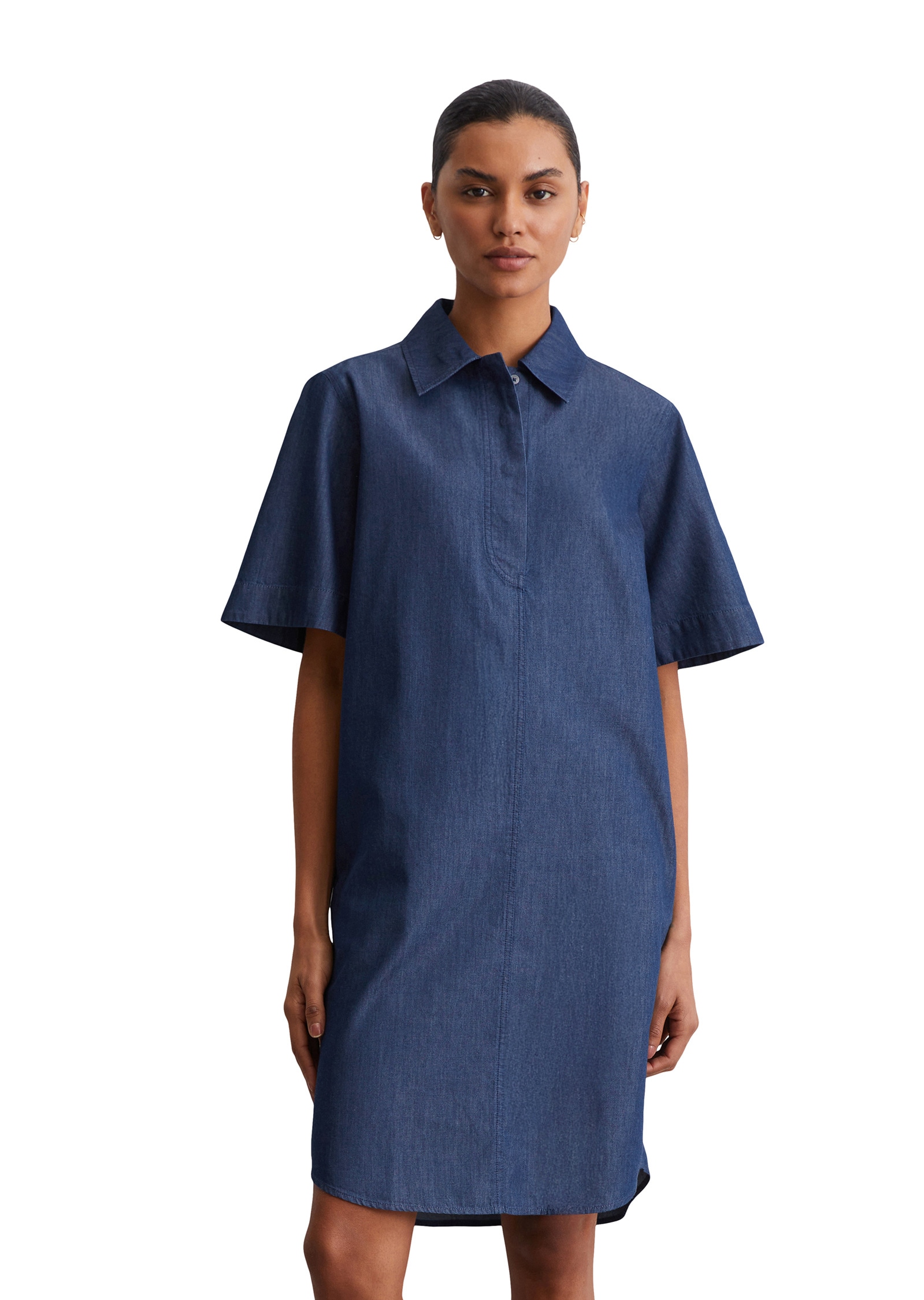 Hemdblusenkleid MARC O'POLO "aus Organic-Cotton-Lyocell-Mix", Damen, Gr. 38, Normalgrößen, blau (medium blau), Obermaterial: 82% Baumwolle, 18% Lyocell, unifarben, relaxed fit knielang, Kleider