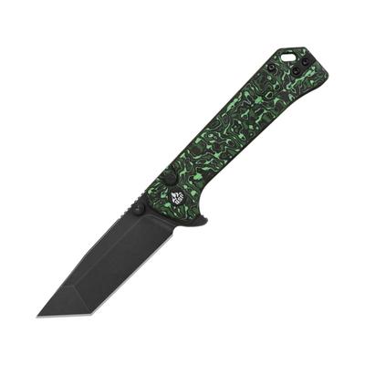 QSP Knife Grebe T Folding Knife 4.25in Closed 3in Black Stonewash S35VN Stainless Tanto Blade Green Carbon Fiber Handle QS148G2