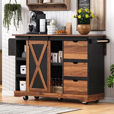 55 Inch Farmhouse Kitchen Island Drop Leaf Barn Door Power Outlet Wheels