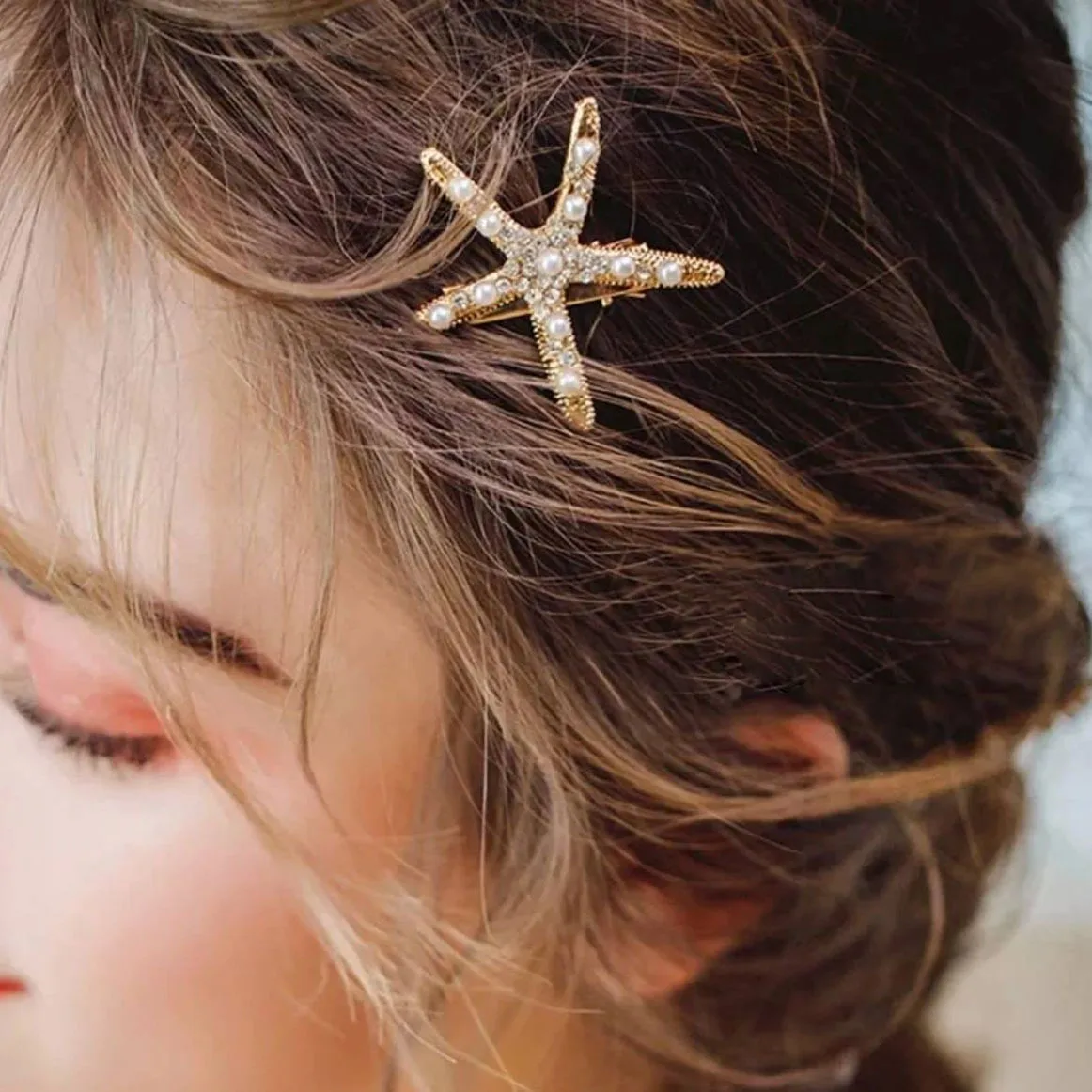 5 stücke Koreas Frauen Seite Clip Haarspangen Haar Zubehör Seestern Strass Perlen Haar Clip Set Gold Stern Haar Zubehör Image