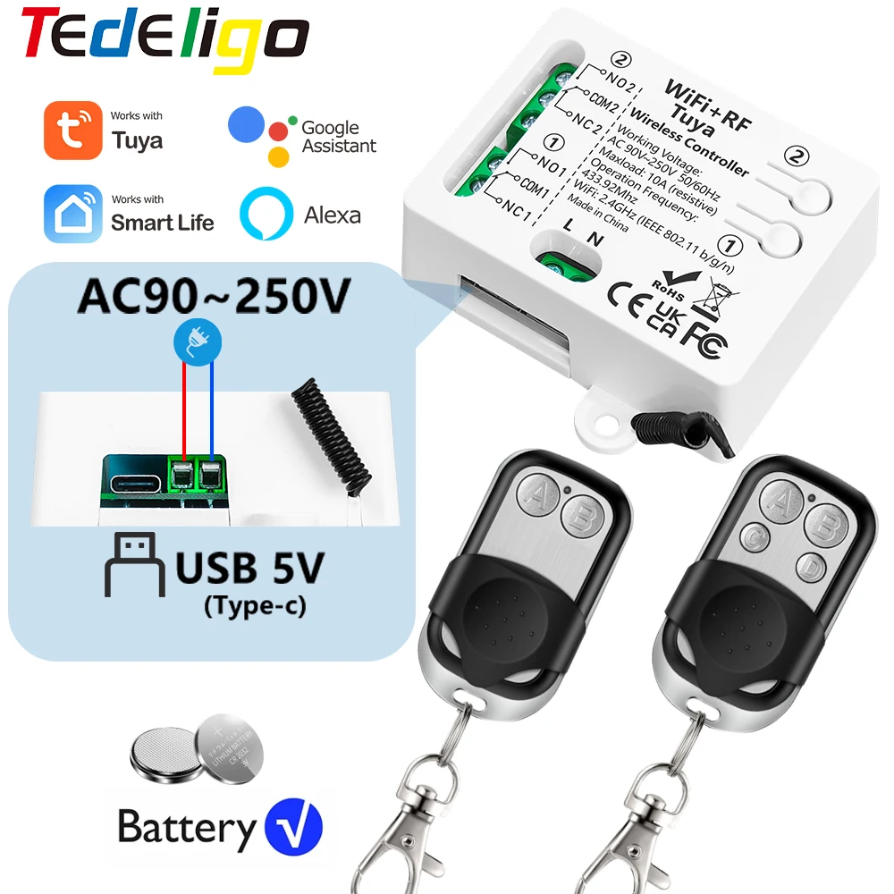 Tuya Wifi Smart Switch drahtlose Fernbedienung mit AC110V 220V 2CH Empfängerrelais über Alexa Google Home für Licht/Garagenmotor Image