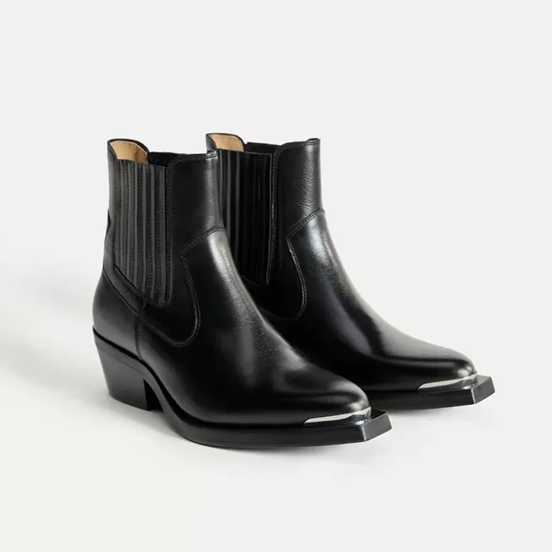 Neue Echtes Leder Stiefel Frauen Spitz High Heel Stiefeletten Starke Quadratische Ferse Slip auf Western Stiefel Cowboy Frauen Schuhe